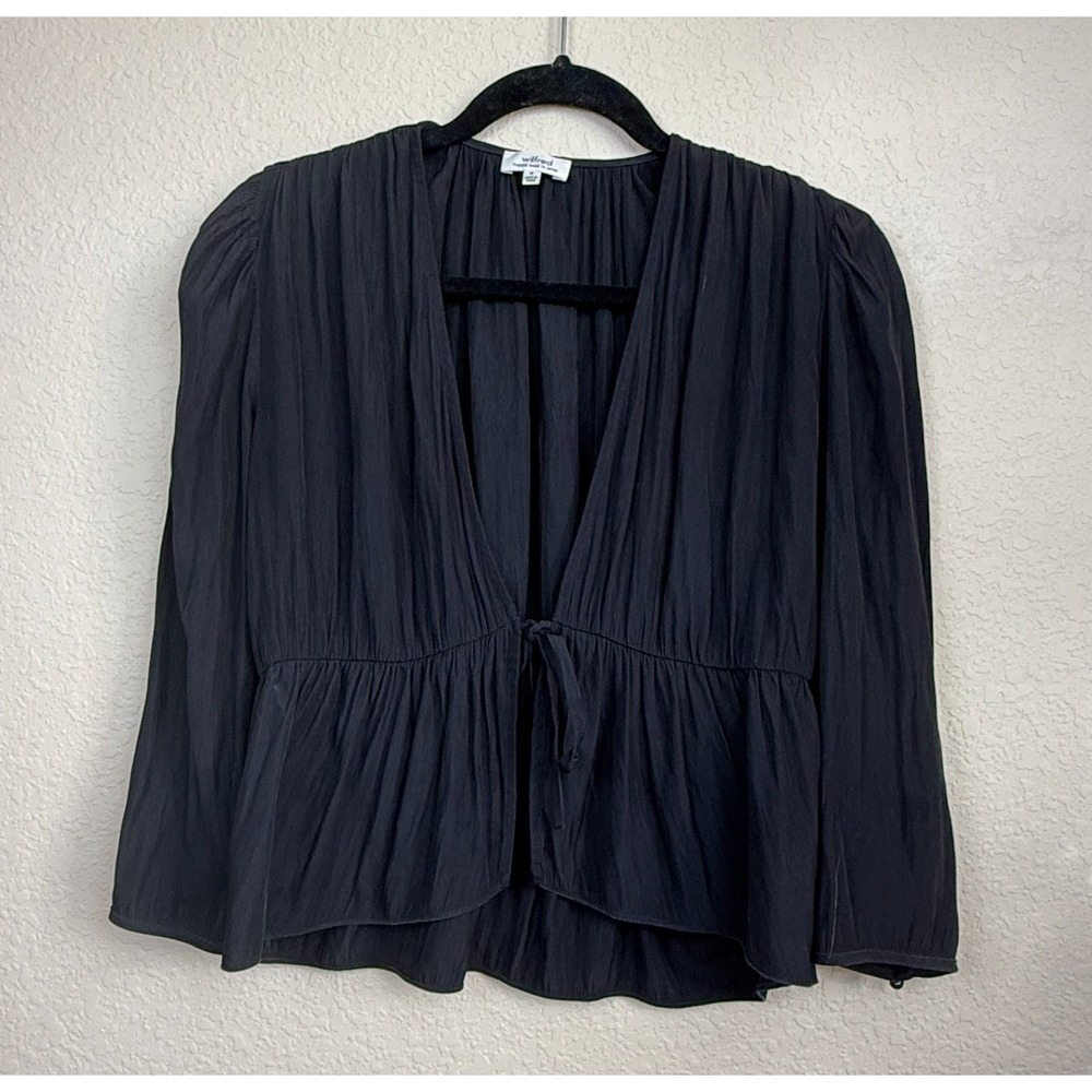 Aritzia Wilfred Shanina Womens Black Deep V Neck Long Sleeve Tie Top Sz M *read